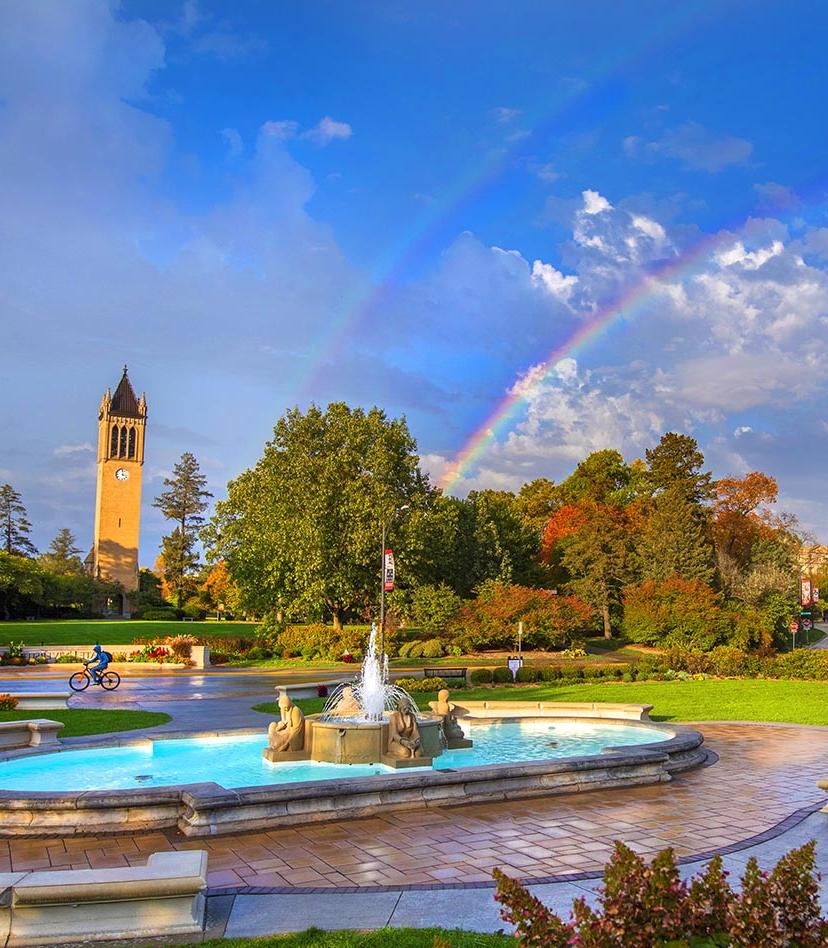 View of the fountain and campanile with a double rainbow backdrop